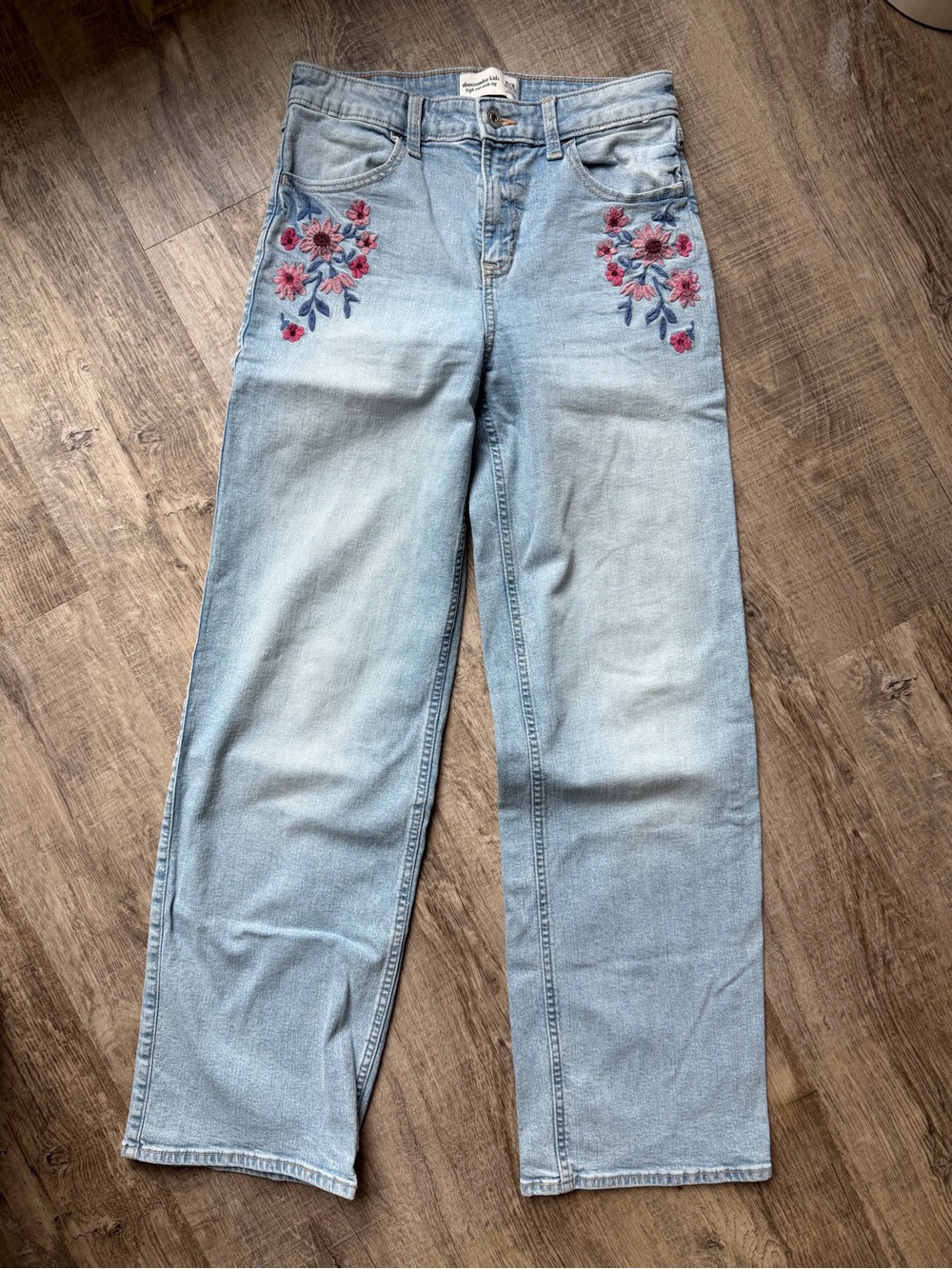 abercrombie kids Light Blue Straight Leg Jeans with Pink Floral Embroidery